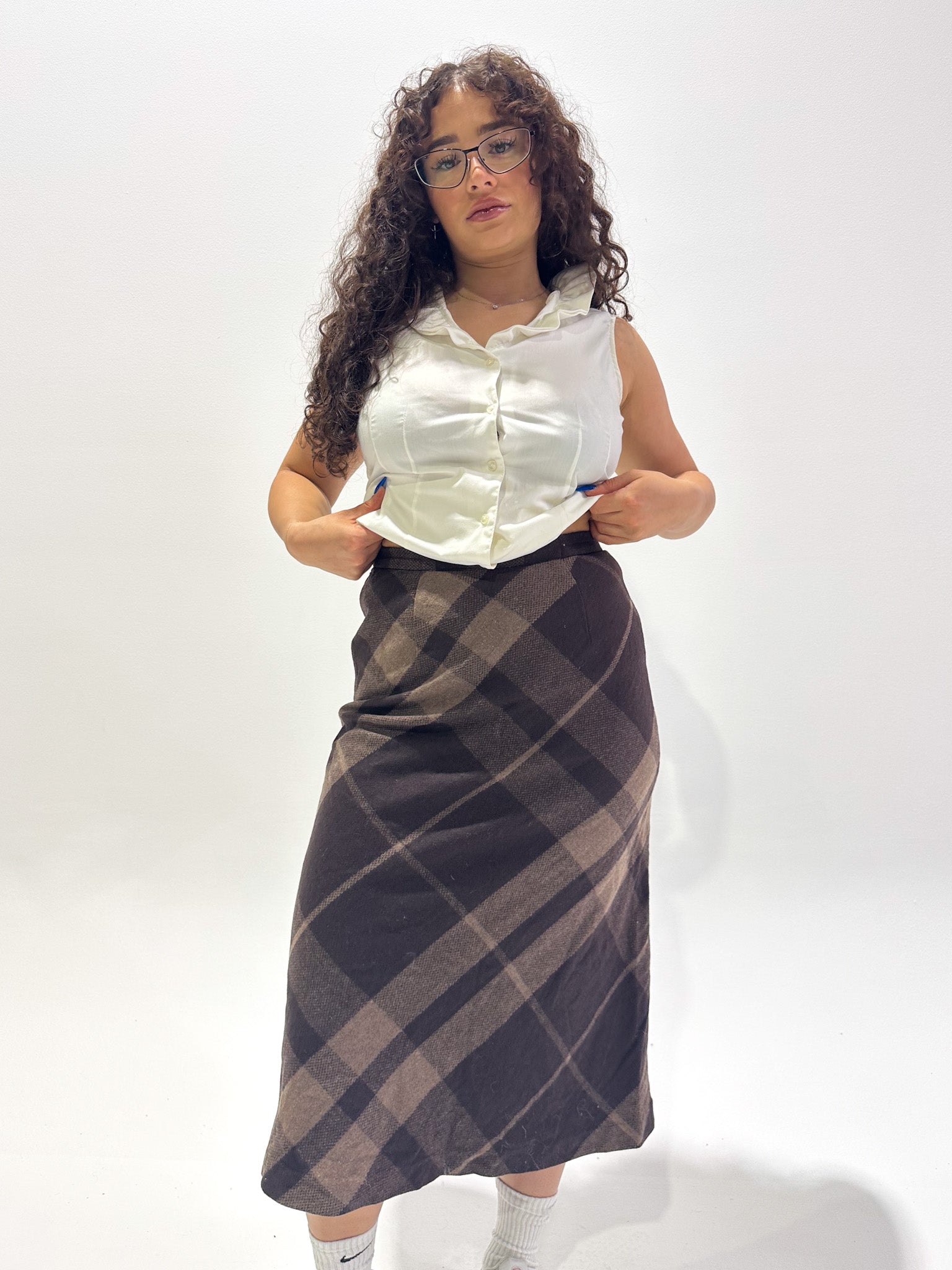 Vintage 00 s Brown Plaid Wool Maxi Skirt S Playground Vintage