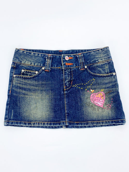 Vintage 00's Embroidered Heart Denim Mini Skirt - S - Playground Vintage