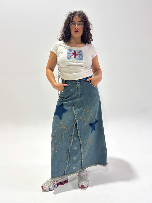 Vintage 00's Star Design Denim Maxi Skirt - M - Playground Vintage