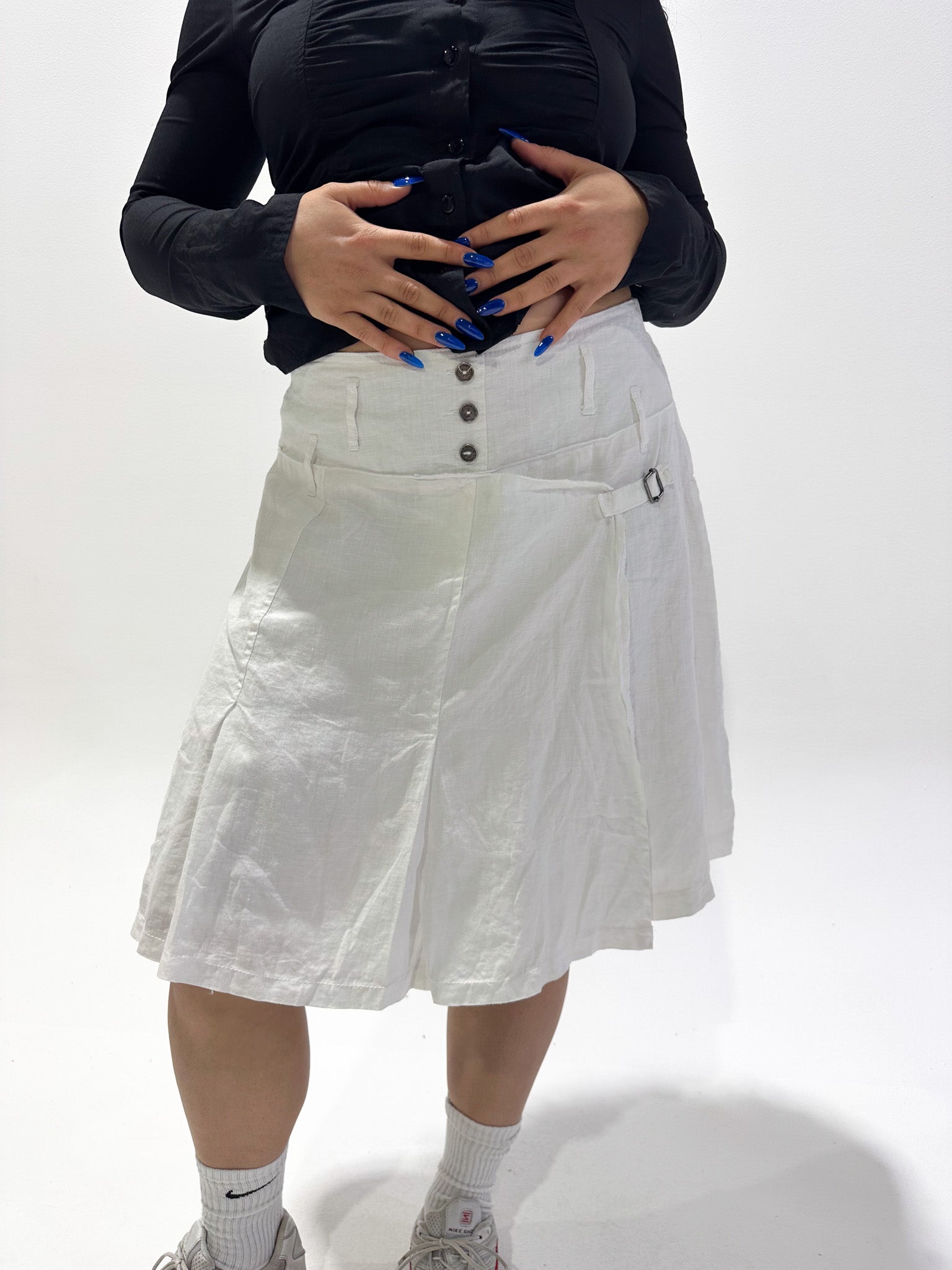 Vintage 00's White Linen Midi Skirt - L - Playground Vintage