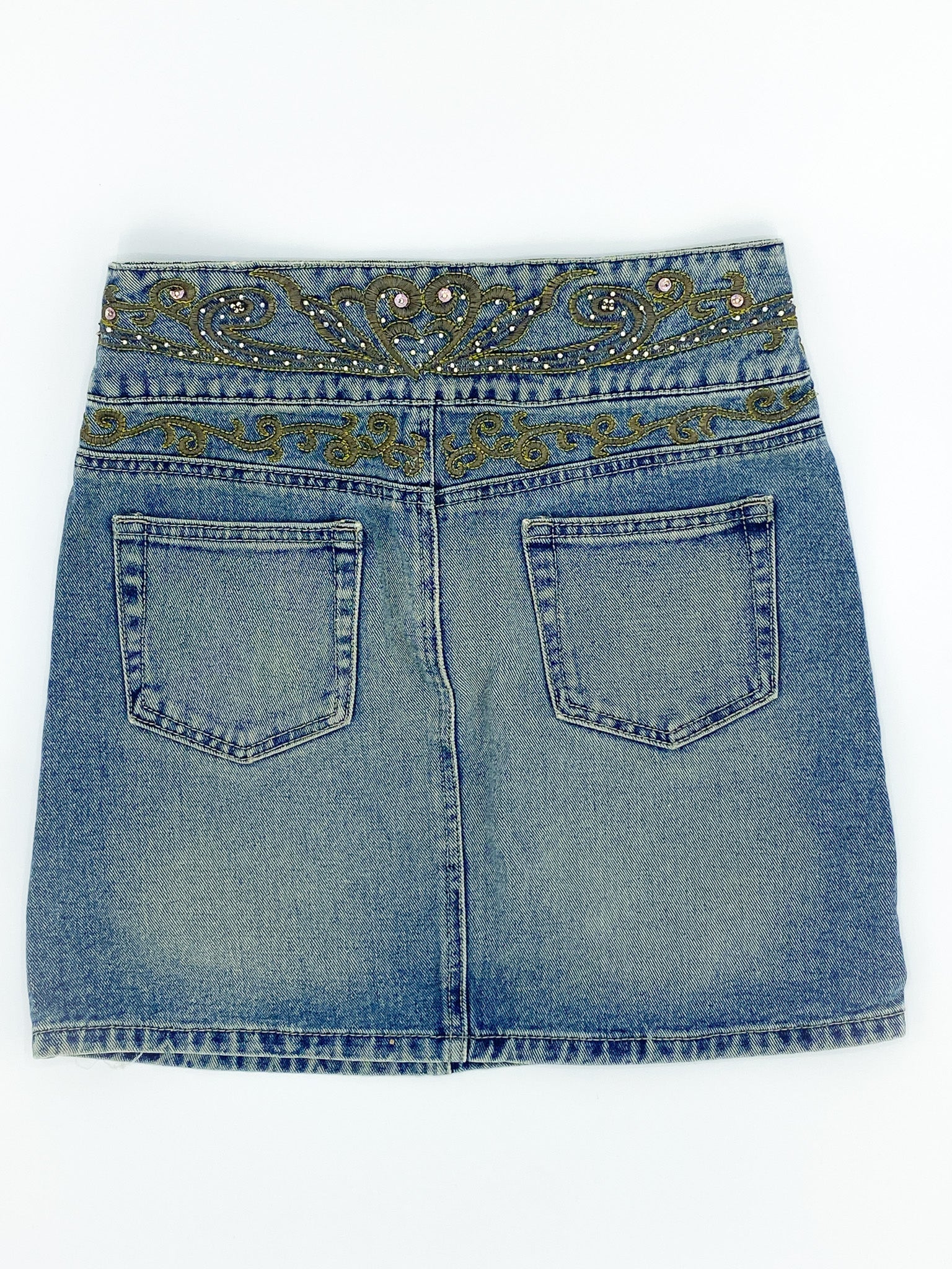 Vintage Embroidered Denim Mini Skirt - M - Playground Vintage
